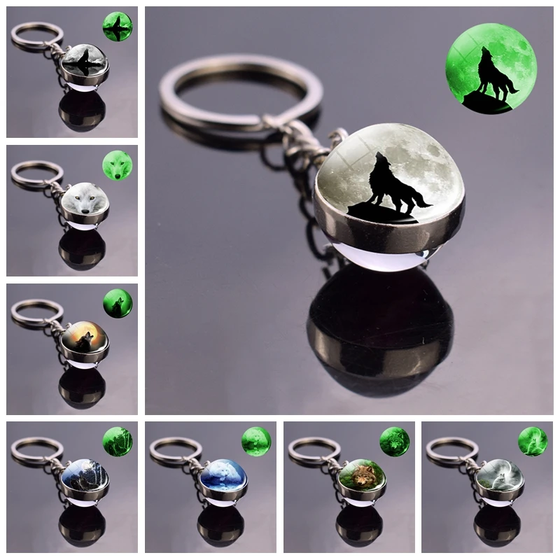 Брелок луна светится в темноте волка и брелок двухсторонний стеклянный шар