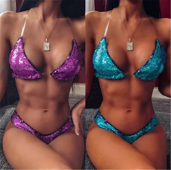 

2020 Sexy Sequin Gradient Swimwear Women Swimsuit Push Up Swimming Bathing Suit High Cut Bikinis Set Brazilian Beachwear Mujer