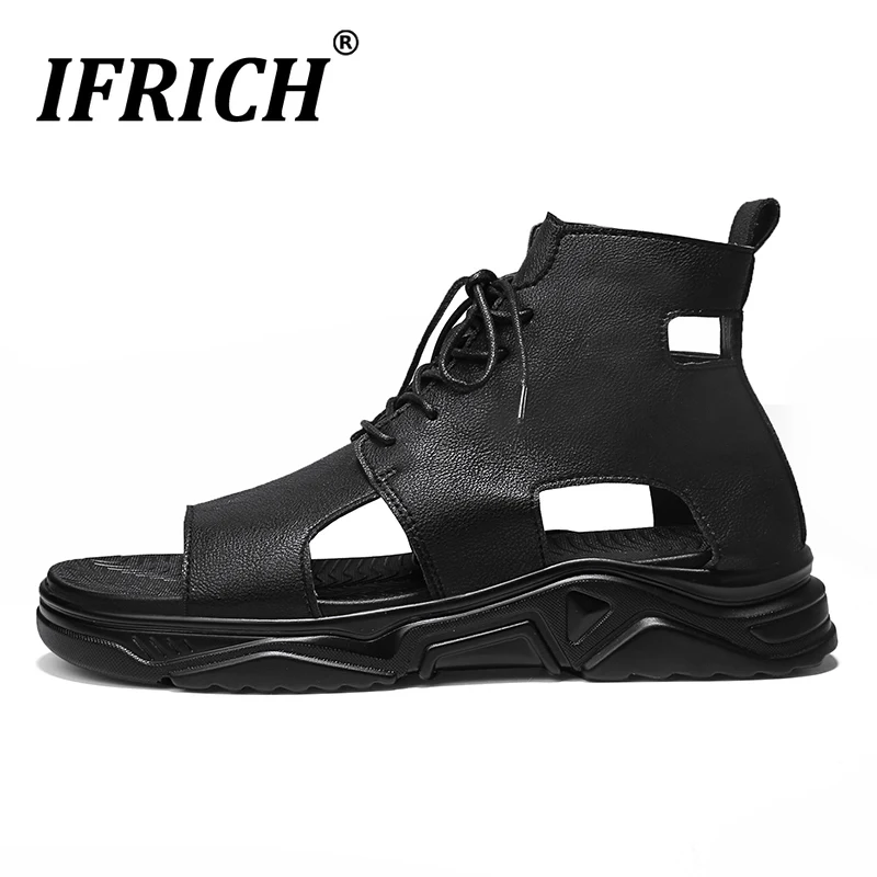 Sandalias de cuero para hombre, zapatos informales de estilo Gladiador, cómodos, para exteriores y playa, color negro, gran oferta