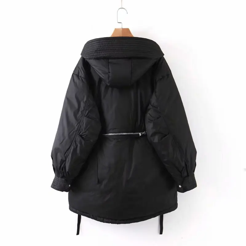 ZA модная зимняя куртка, Женское пальто, новинка, черная куртка с капюшоном и длинным рукавом, повседневная плотная теплая одежда на молнии, уличная одежда