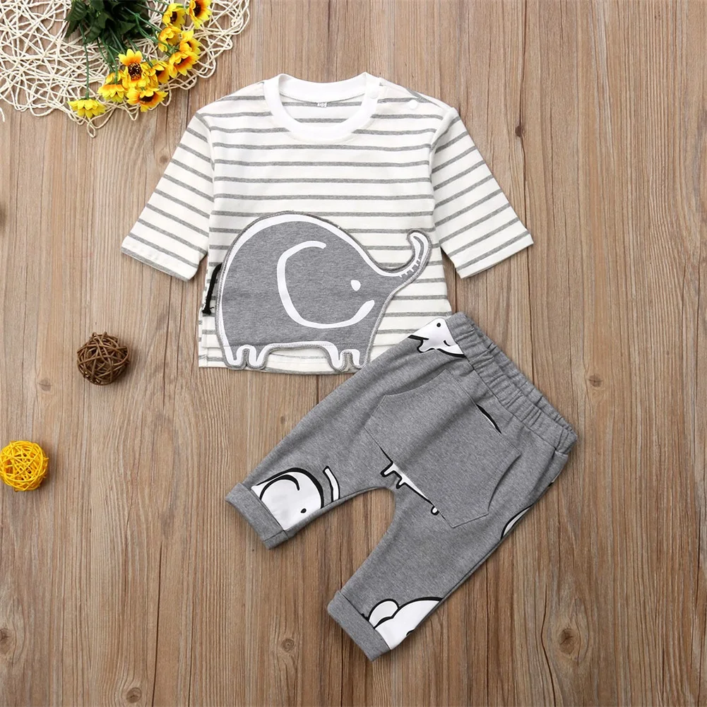 New Autumn Infant Baby Girl Boys Elephant T-shirt Tops+ Pocket Long Pants 2PCS Outfits Clothes Set