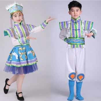 

Children's Ethnic Minority Performance Dresses Kids Mongolian Tu Grassland Dance Hmong Performance Clothes Folk Stage Costumes