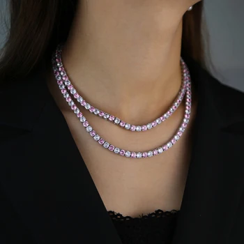 

Romantic Princess Pink White Chain Necklaces Ice Out Bling AAA Zircon Rose Gold Women Hip Hop Jewelry 2020