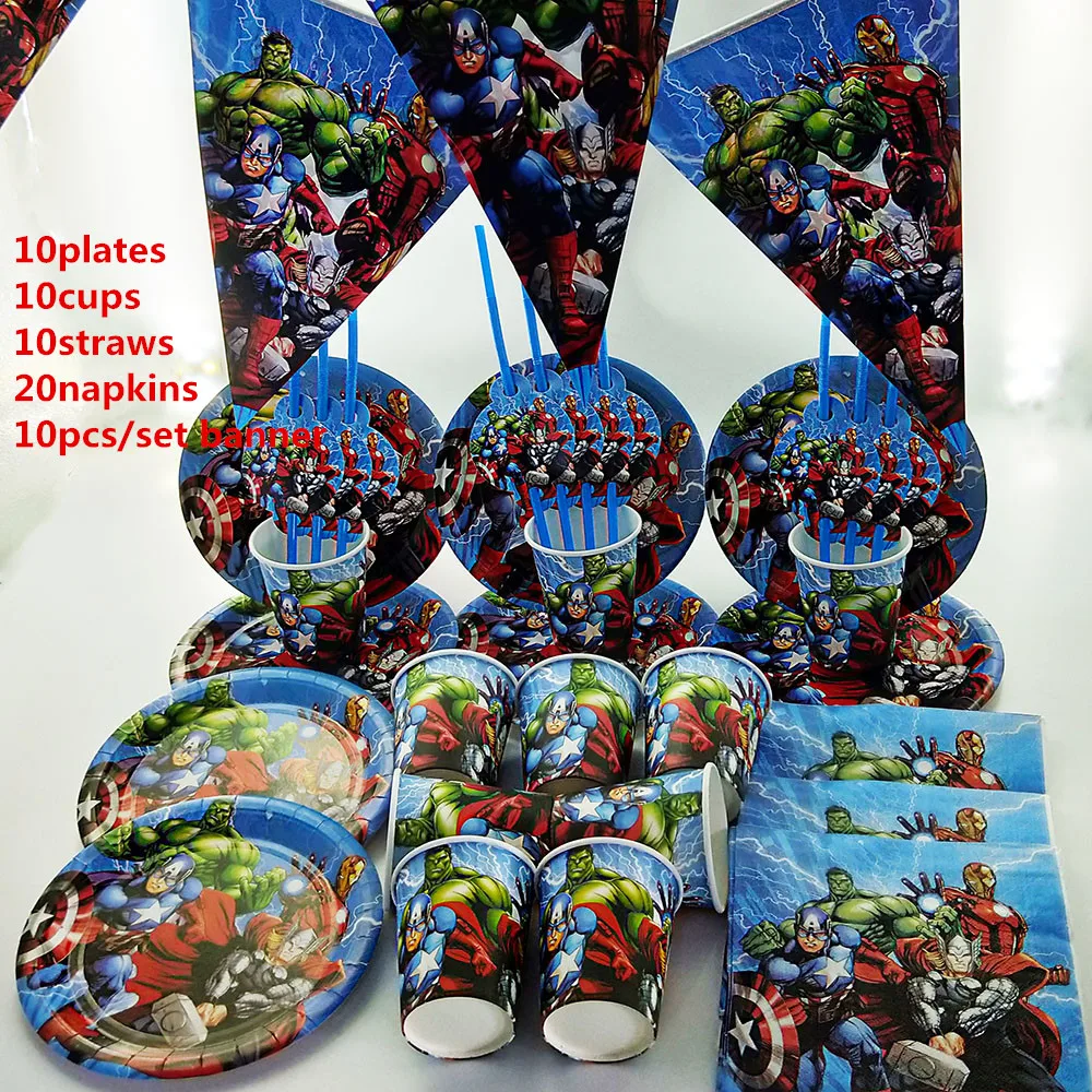 60pcs с днем рождения, детские пижамы с рисунком «Мстители бэби Шауэр для мальчика Свадебная вечеринка украшения набор баннер салфетки стакан с соломинкой пластины поставщиков