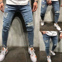 Pantalones vaqueros rasgados de estilo Vintage para hombre, Jeans rasgados delgados de Color sólido, elásticos de cintura media con botón de ocio para Otoño e Invierno