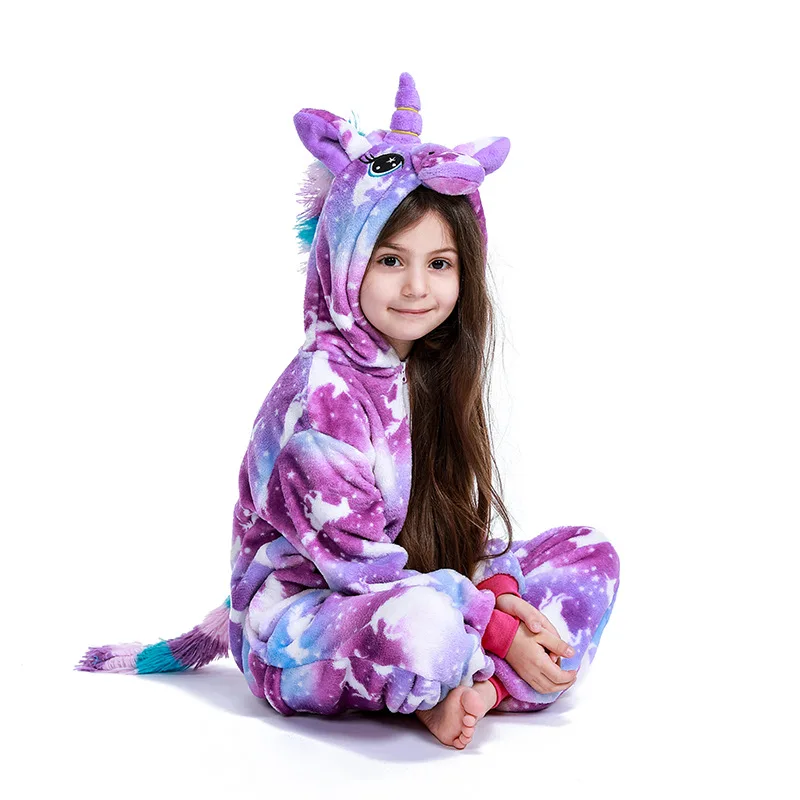 purple-pegasus Кигуруми кошка Onesie для детей девочек пижамы Аниме мальчик мультфильм панда единорог пижамы зимние теплые детские пижамы детская одежда для сна - Цвет: purple-pegasus