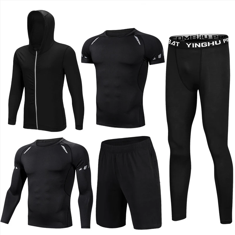 Black net set Quick Dry Men's Running Sets 5pcs/sets Compression Sport Suits Sports Joggers Training Gym Fitness Tracksuits Running Set - Цвет: Black net set