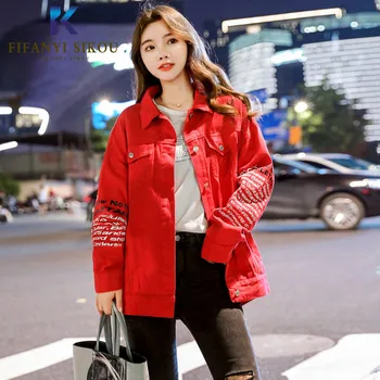 

2019 New Autumn Women Denim Jacket Fashion Print Long sleeve Bomber Jackets Basic Coat Tops Loose Jeans Jacket Women Streetwear