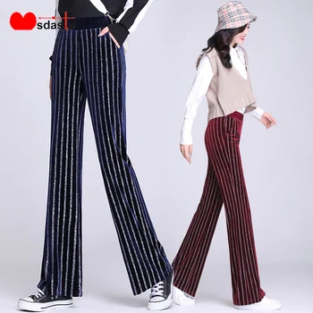 

Wide Leg Pants Women 2019 High Waist Stretchy Casual Lady Trousers Elastic Female Full Length Loose Woman Striped Flare Pants