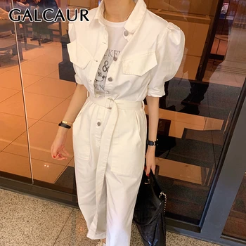 

GALCAUR Korean Patchwork Pocket Woman's Jumpsuit Lapel Collar Puff Sleeve High Waist Sashes Oversize Female Jumpsuits New 2020