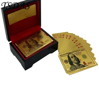 

Free Shipping 8.8*57.cm 24K Gold Plated Playing Cards, Colored USD 100 Dollar Gold Cards With Wooden Box And Certificate
