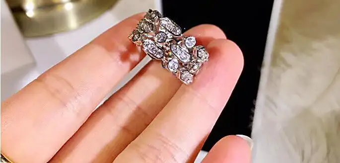 925 пробы Серебряное модное кольцо с геометрическим кристаллом элегантное трехслойное круглое кольцо с драгоценным камнем фианитом рождественское ювелирное изделие