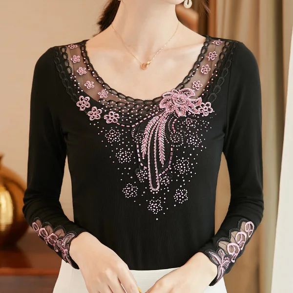 9147 Black-Pink FGLAC Женская футболка Новинка осенние сетчатые топы с длинными рукавами Алмазная вышивка хорошая эластичность плюс размер женские Топы И Футболки - Цвет: 9147 Black-Pink