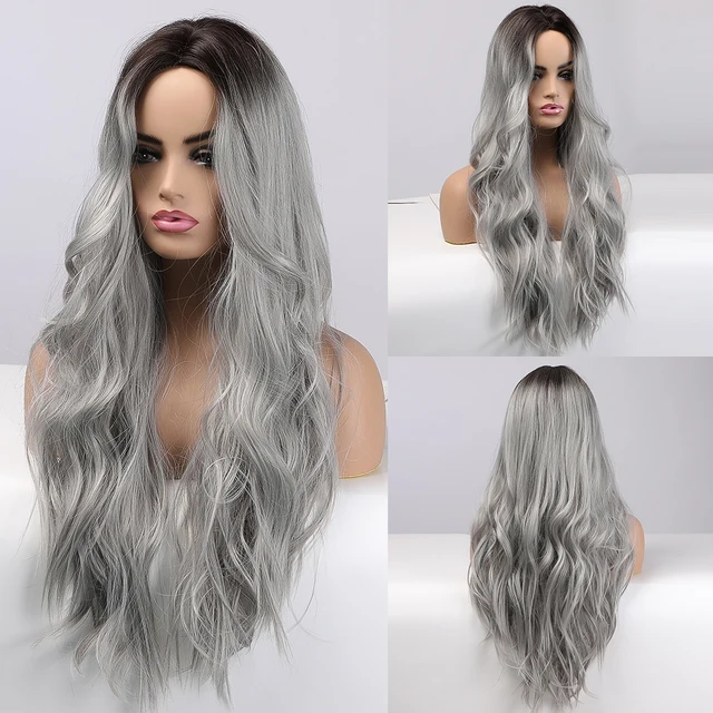 Long Water Wavy Synthetic Wigs Ombre Brown Middle Part Natural Hair Wigs For Women Cosplay Wigs Heat Resistant Fiber lc343-1