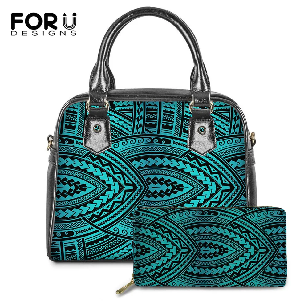 

FOURDESIGNS Polynesian Tribal Pattern 2set Fashion Women Large Capacity Tote Bag Brand Designer Ladies PU Leather Shoulder Bag