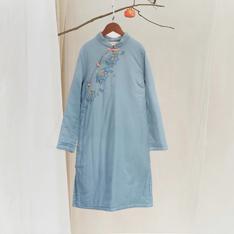 

Literature And Art Retro Cotton-padded Clothes Women's Mid-length Chinese Style Cotton Coat Autumn And Winter Embroidered Thick