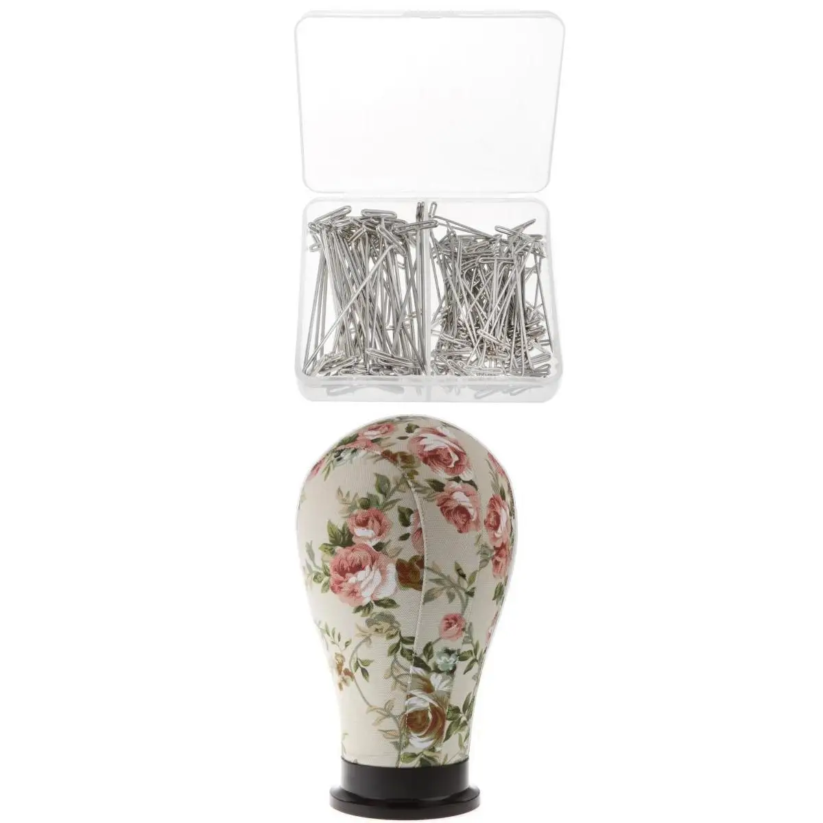 22 inch Mannequin Model Cork Canvas Block Head Stand with 150x 38mm 51mm T Needle Pins for Wigs Making Set