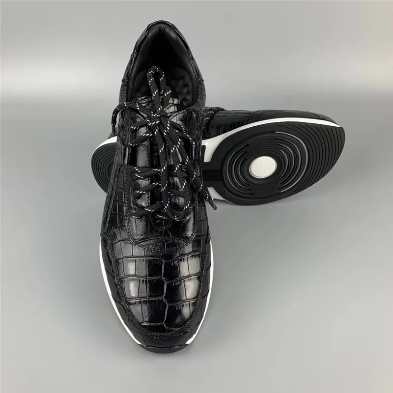 男性用の本物のクロコダイルスニーカー,男性用の本物のクロコダイルスキンシューズ,黒のカジュアルレザースニーカー,高品質のソフトソールの靴ひも付き