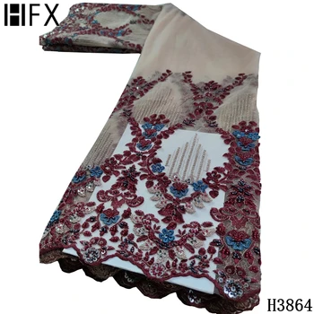 

HFX new design lace fabric red 3D flowers embroidery french handmade beaded for wedding evening dress lace fabric 5yards H3864