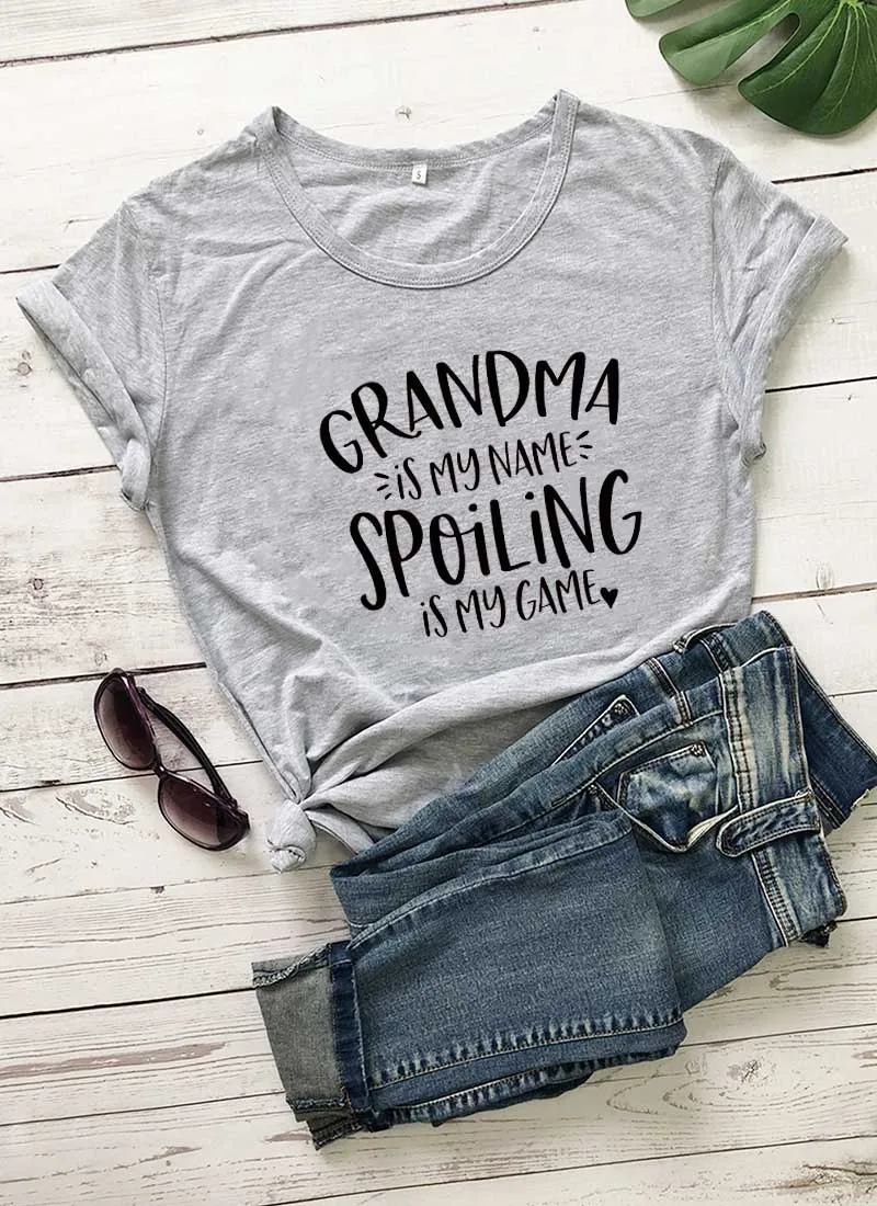 gray-black text Grandma is my name Spoiling is my game, Новое поступление, забавная футболка из хлопка, новая рубашка для мамы, подарок для мамы, милые футболки для мамы - Цвет: gray-black text