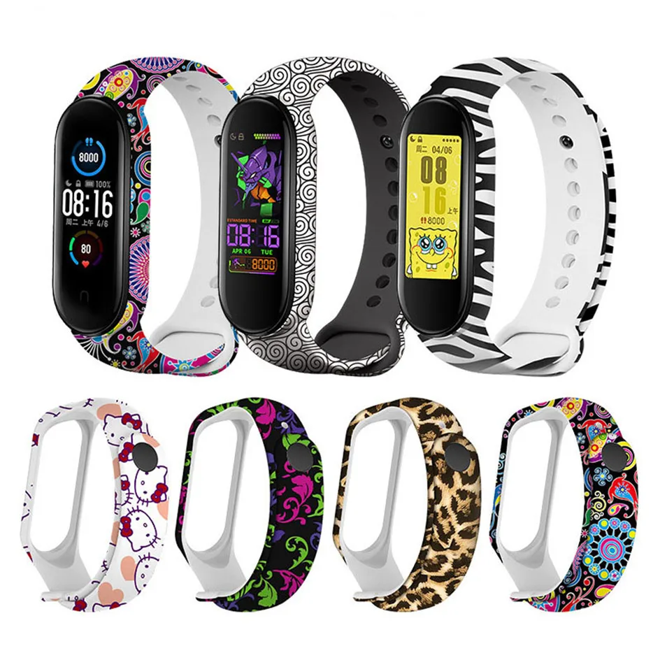 Ремешок с принтом для Xiaomi Mi Band 5 Павлин/Камуфляж/леопард модный силиконовый