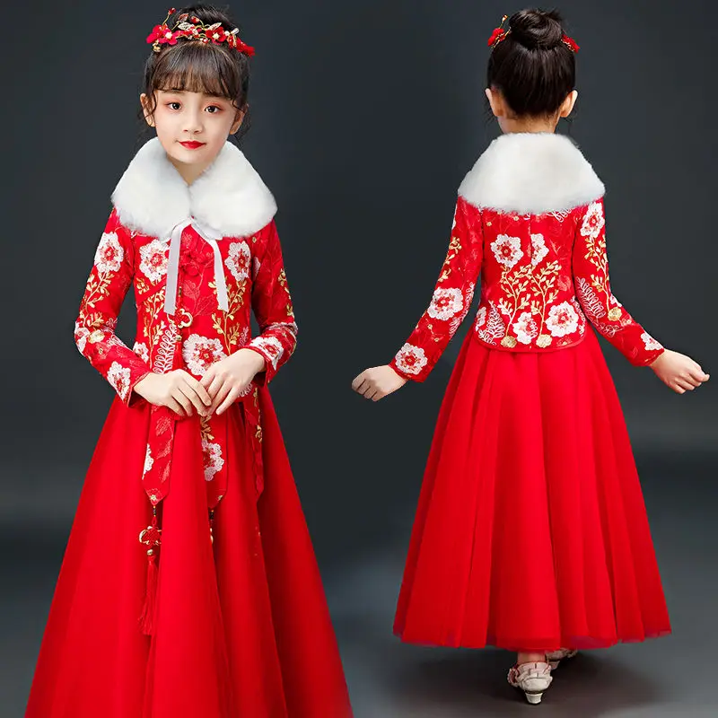 Hanfu/ г. Теплая одежда на год для девочек; китайский стиль; Детский костюм в стиле Тан; осенне-зимний бархатный костюм в древнем стиле