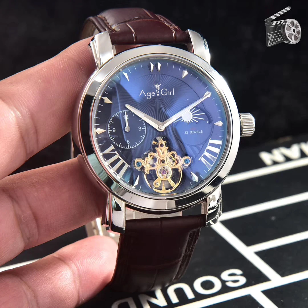 

Famous Brand New Men Automatic Mechanical Sapphire Stainless Steel Rose Gold Black Leather MoonPhase Luminous Tourbillion Watch