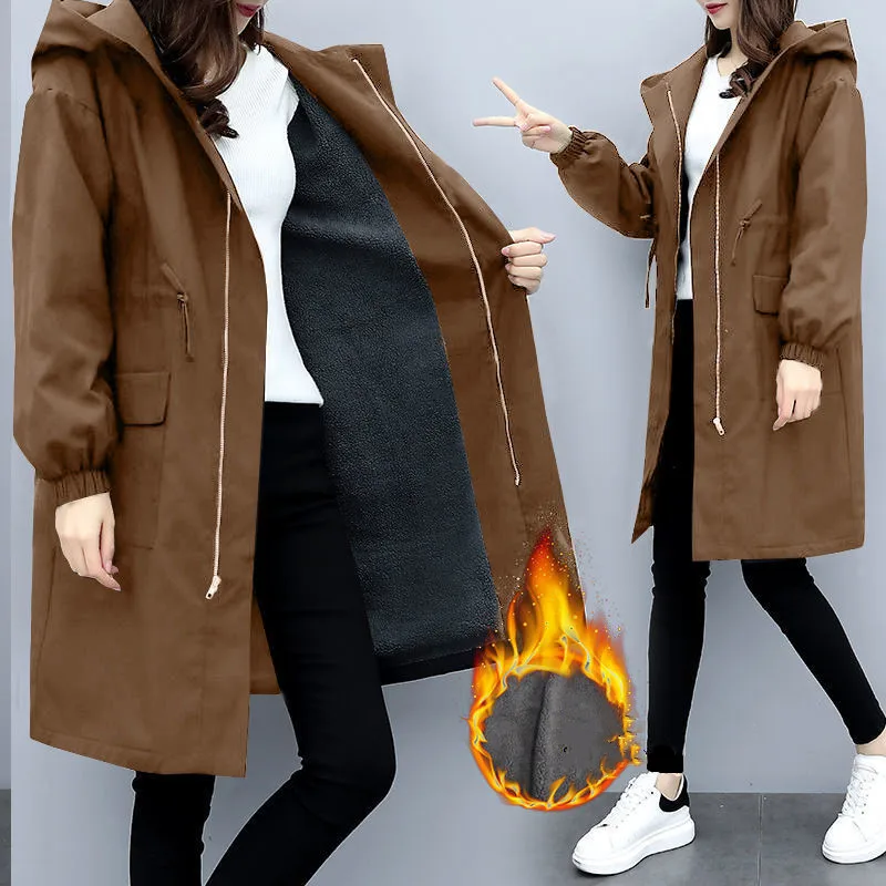 Bajo costo Gabardina gruesa con capucha para mujer, abrigo con bolsillo y cremallera, ropa larga de talla grande, elegante, para Otoño e Invierno pBQKMNRwQQe