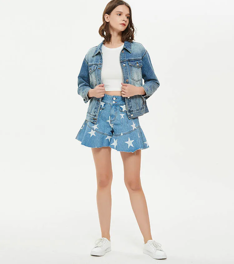 bape shorts Women's Denim Shorts Star Printed Pattern Ruffles Tassel High Waist Plus Size Short Pants School Loose Streetwear Female Jeans new hooters shorts