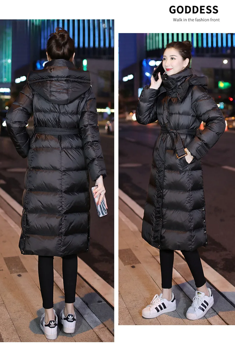 GBYXTY, приталенное длинное пуховое пальто с поясом,, зимнее женское пальто с капюшоном, водолазка, длинный рукав, белая куртка-пуховик на утином пуху, пуховое пальто, ZA1760