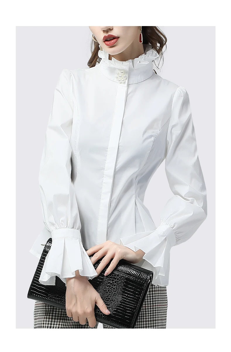 Офисная Женская белая рубашка водолазка с оборками хлопковый топ жемчуг бисером длинные расклешенные рукава плюс размер элегантная тонкая Рабочая одежда рубашки