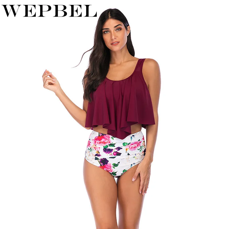 

WEPBEL Women High Waist Two piece Bikini Set Plus Size Summer Overlay Flower Embroidery Bikini Swimsuit