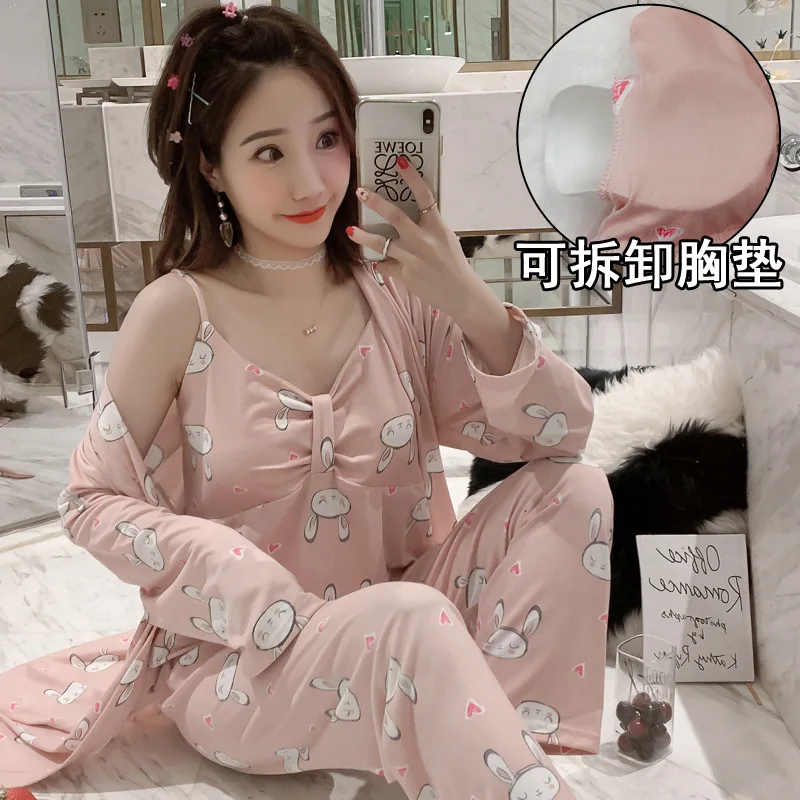 

2019 Autumn Winter Women Cotton Pajamas Sets Cute 3 Pieces Sleepwear Nightwear Pijama Sleep Lounge Pyjama With Chest Pads