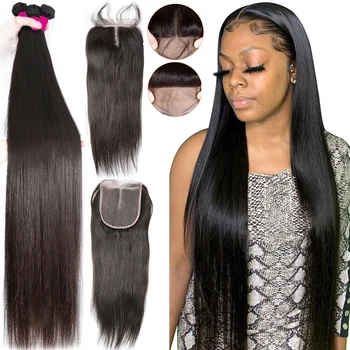 

28 30 32 Inch Brazilian Hair Weave Bundles Straight 3 4 Bundles With Lace Front Closure Remy Human Hair Bundles With Closure