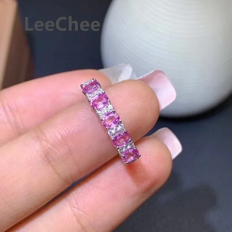 

3*4MM Pink Sapphire Band Ring for Women Anniversary Gift Real 925 Sterling Silver Fine Jewelry 5 Pieces Natural Gemstones