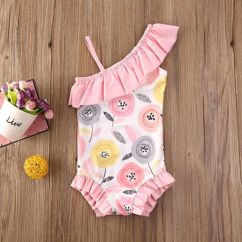 

1-5 Years Children Girls Swimsuits Daffodil Floral Print Pink One Piece Swimwear For Girl Summer One Shoulder Girl Swimming Suit