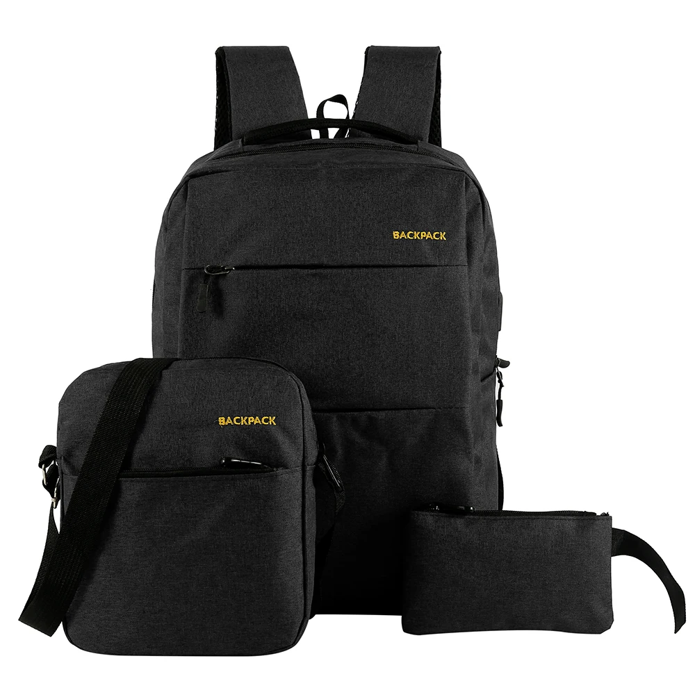 Черный USB Charging Backpack 3pcs/set Men Women Fashion Backpacks for Unisex Travel Bags Casual Nylon Shoulder School Backpacks - Цвет: Черный
