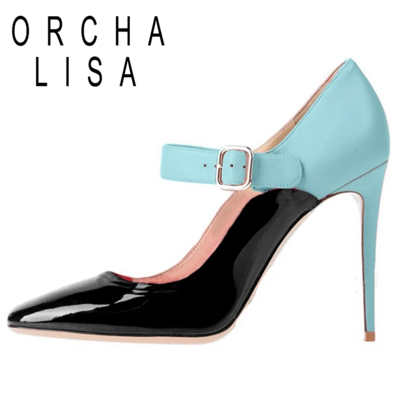 

ORCHA LISA Woman Spring Autumn Pumps Pointed Toe 14.5cm Thin High Heel Patent Leather Buckle Large size 35-47 Casual Party C1765