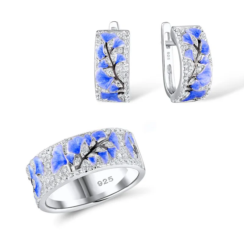 

Women Jewelry Set Elegant Blue Flower Floral Elegant Silver Ring Hoop Earrings Set Autumn Style Zircon Casual Party Jewely