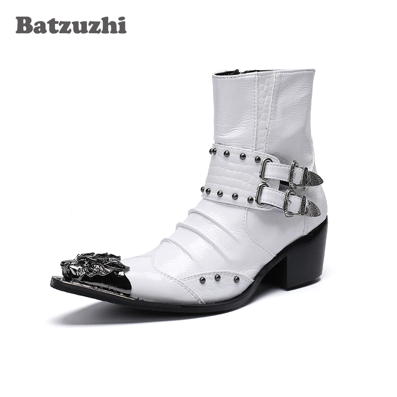 Batzuzhi Rock/красивые мужские ботинки остроконечный металлический носок 6,5 см; кожаные мужские Ботильоны на каблуке; белые мотоциклетные ботинки; botas hombre