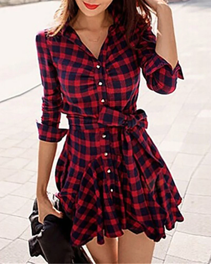 

Ninimour 2020 New Christmas Winter Xmas Women Scottish Retro Vintage Red Plaid Print Long Sleeve Shirt Dresses For Ladies