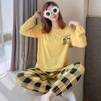 

Women's Autumn Pajamas INS Long-sleeved Beaming Plaid Pants Casual Cartoon Printing Suit Fashion Casual Plus Size Home Service