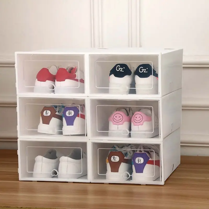 6Pcs Plastic Shoe Box Stackable Foldable Shoe Organizer Drawer Storage Case with Flipping Clear Door Ladies Men 31.5x21.5x12.5cm