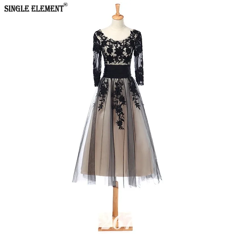 

SINGLE ELEMENT 3/4 Sleeve Black Lace Applique Groom Mother Dresses For Wedding