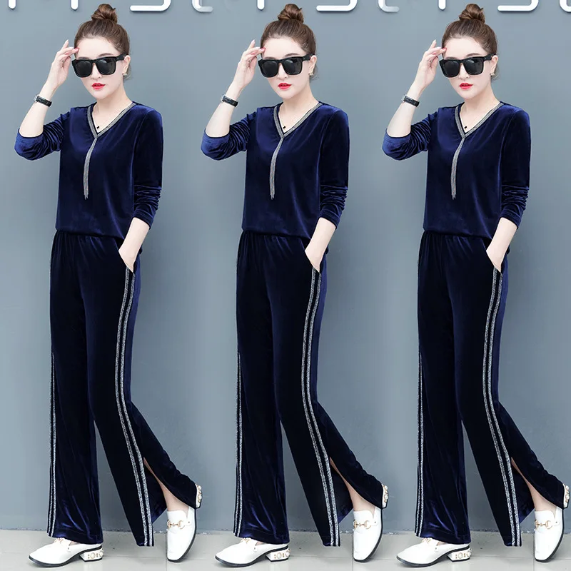 spring women sporting suit velour loose sweatshirt+sweatpants casual jogger running workout exercise set sportswear tracksuit