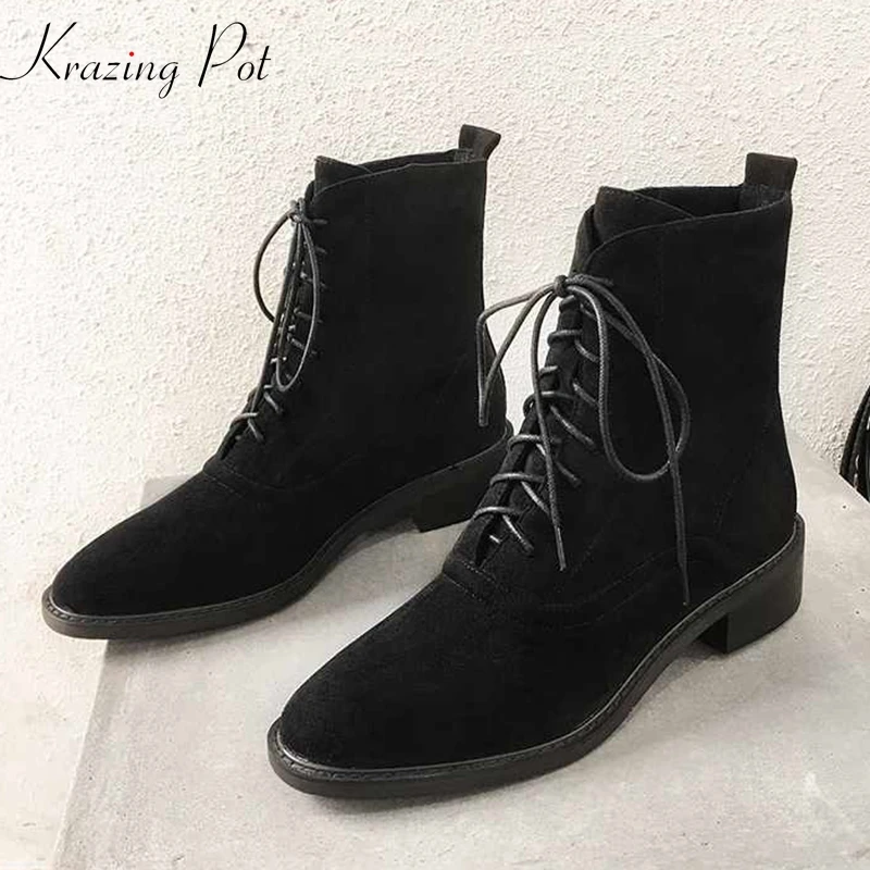 

krazing pot fashion basic clothing Korean girl flock material lace up med heels round toe keep warm solid color ankle boots l52