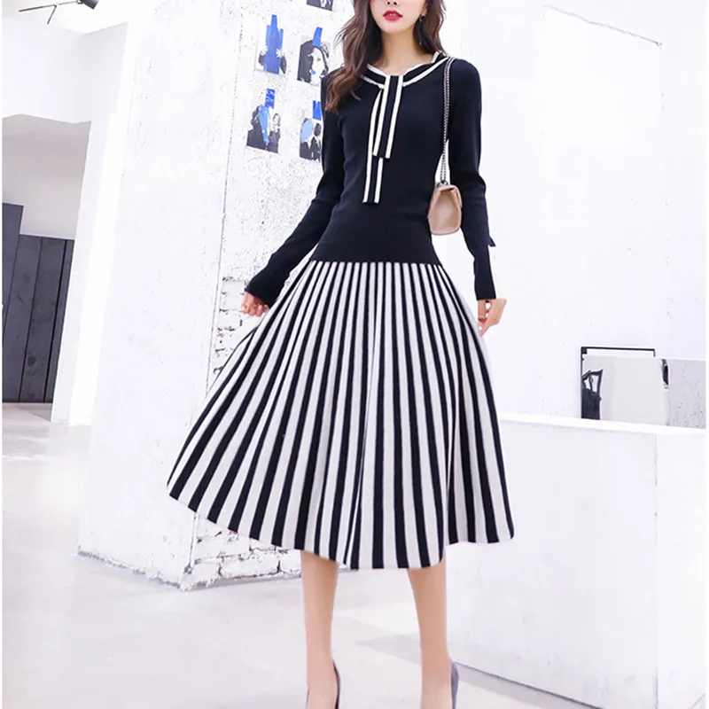 

Knit Two Piece Set 2019 Fall O-neck Long Sleeve Pullover Sweater + Striped High Waist A-line Midi Skirt Suit 2piece Set Women