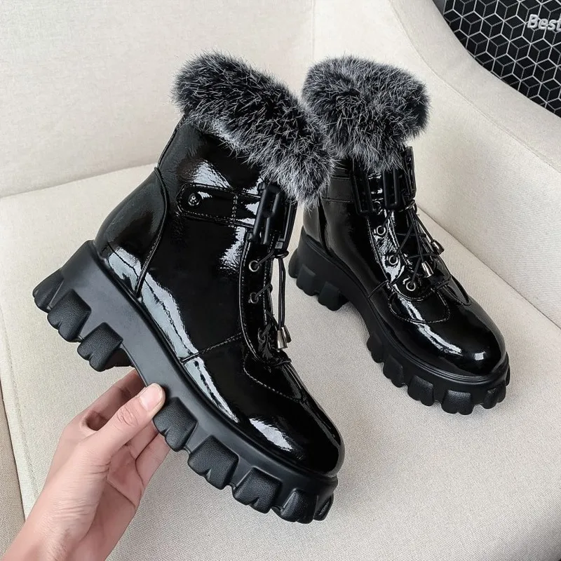 

US4-12 Womens Round Toe Lace Up Belt Buckle Patent Ankle Boots Platform Chunky Heel Warm Winter Thick Punk Shoes Plus Size