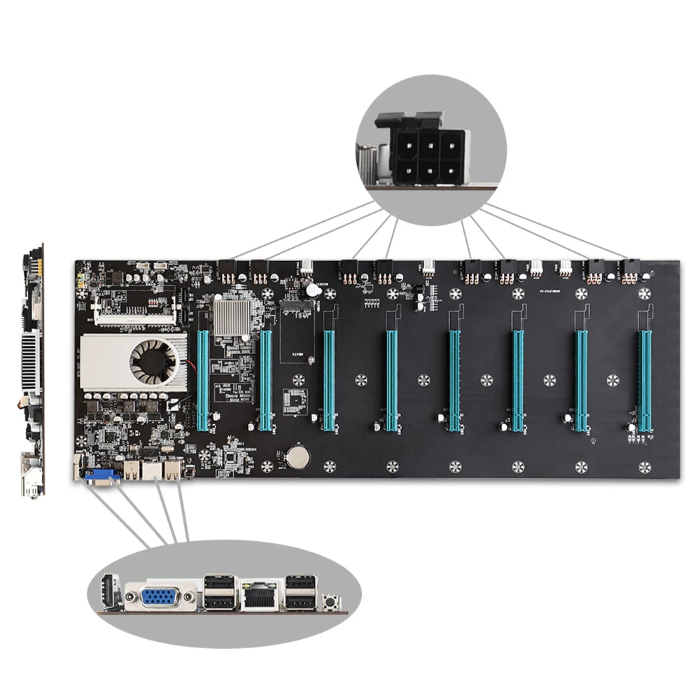 BTC-S37 Riserless Mining Motherboard 8 GPU Bitcoin Crypto Etherum Mining Set with 8GB DDR3 1600MHz 128GB mSATA SSD Power Cable