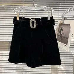 2021 inverno shorts mulheres nova grande brilhante broca fivela cinto de veludo de ouro curto senhoras causal all match preto botas calças